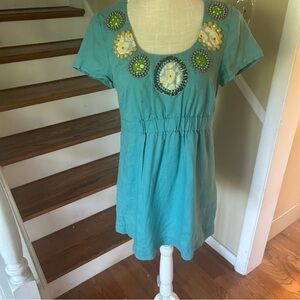 Boden Women’s Blue 100% Linen Tunic Boho Embellished Elastic Waist Beaded Sz 6